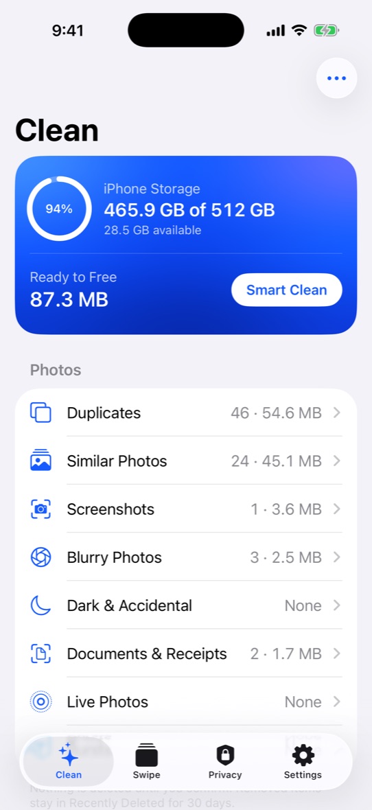 Clean tab with storage overview